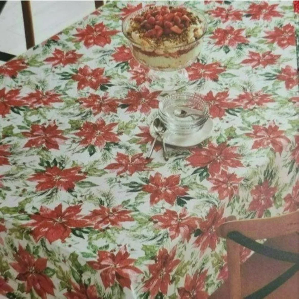 60x84in Oblong Red Poinsettia Flower Holiday Christmas Tablecloth‎